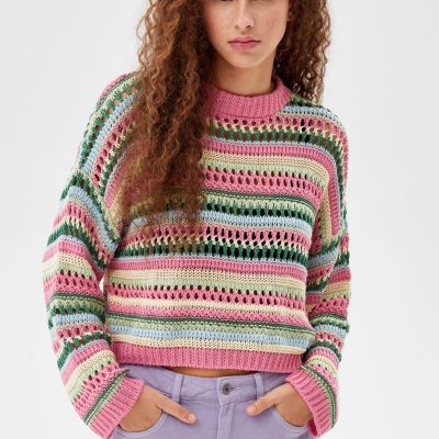 Multicolored Open-Knit Crewneck Sweater