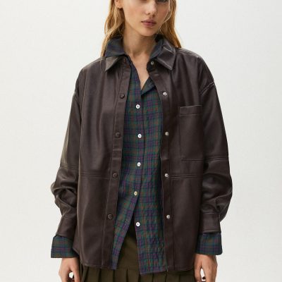 Faux Leather Overshirt With Pocket